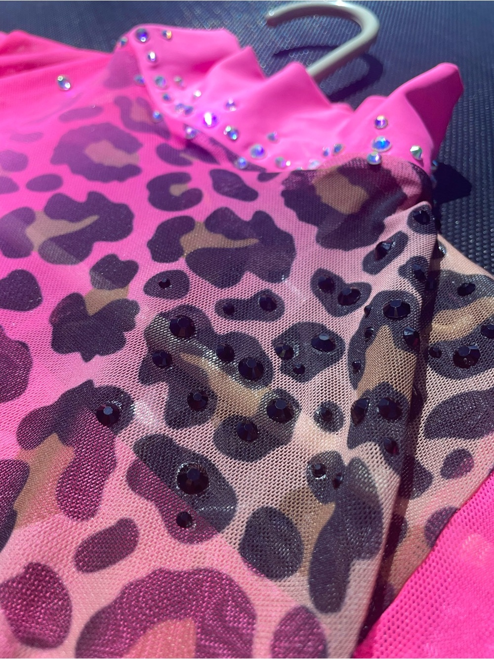 Hot Pink Leopard Mesh Rhinestone Leotard Dance Gymnastics Costume - Picture 3 of 9